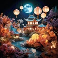 Magical Lunar Lantern Festival landscape with illuminated moon phase lanterns