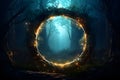 Magical majestic portal in the shape of a circle in Mystical dark forest,Magic lights.GenerativeAI.