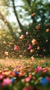 Magical meadow, full of blossoming spring flowers. Vertical banner, smartphone or instastory background, greeting card.