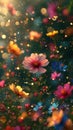 Magical meadow, full of blossoming spring flowers. Vertical banner, smartphone or instastory background, greeting card.
