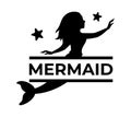 Magical mermaid logo with monogram. Kids name monogram. Swimming mermaid black silhouette. Mythical tale character in