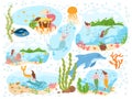 Magical mermaid sea creature, ocean character nymph with marine animal dolphin poster banner set flat vector