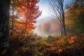 magical moment, with mist rising from the forest, and colorful autumn leaves peeking through