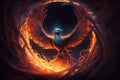 magical moment of phoenix rising from the flames in its nest