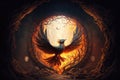 magical moment of phoenix rising from the flames in its nest