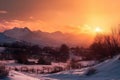 magical moment, with the sun rising behind snow-capped mountain range and illuminating the sky with warm colors