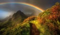 Magical mountain landscape with beautiful rainbow. Colorful magic nature background. Fantasy Royalty Free Stock Photo