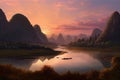 Magical mountain landscape with river Guilin China. Generative AI Royalty Free Stock Photo