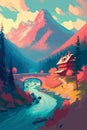 Magical mountain landscape. Surreal colorful vector art. Alpine scenery. Dream like concept art Royalty Free Stock Photo