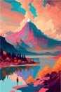 Magical mountain landscape. Surreal colorful vector art. Alpine scenery. Dream like concept art