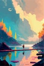 Magical mountain landscape. Surreal colorful vector art. Alpine scenery. Dream like concept art Royalty Free Stock Photo