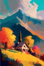 Magical mountain landscape. Surreal colorful vector art. Alpine scenery. Dream like concept art