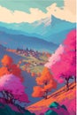 Magical mountain landscape. Surreal colorful vector art. Alpine scenery. Dream like concept art