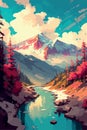 Magical mountain landscape. Surreal colorful vector art. Alpine scenery. Dream like concept art