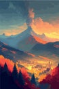 Magical mountain landscape. Surreal colorful vector art. Alpine scenery. Dream like concept art