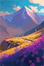 Magical mountain landscape. Surreal colorful vector art. Alpine scenery. Dream like concept art