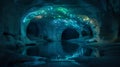 Magical Multi-Colored Lit Underground Cave with Reflective Lake Royalty Free Stock Photo