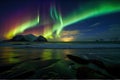 Magical multicolored northern lights on the night sky. Generative AI