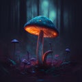 A magical mushroom in a dark misty forest with dramatic phantasmal iridescent lighting, ai generated