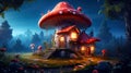 Magical mushroom house on a moonlit night in fairytale forest. Generative AI