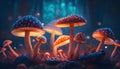 Magical mushrooms in dark mystery forest