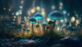 Magical mushrooms in dark mystery forest