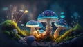 Magical mushrooms in dark mystery forest