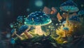 Magical mushrooms in dark mystery forest