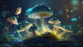 Magical mushrooms in dark mystery forest