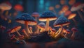 Magical mushrooms in dark mystery forest