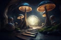 Magical Mushrooms Surrounded by Light in Enchanted Forest. Generative AI