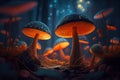 Magical Mushrooms Surrounded by Light in Enchanted Forest. Generative AI