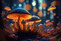 Magical Mushrooms Surrounded by Light in Enchanted Forest. Generative AI