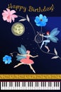 Magical music. Greeting card or poster with concert grand piano, charming fairy ballerina, elf with lyre, moon, stars, flowers