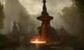 Magical Mystical Ancient Fountain with Gloomy and Foggy Atmosphere