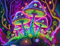 Magical neon mysterious mushrooms. Growing microorganisms. Fluorescent psicodelic - generated by ai Royalty Free Stock Photo