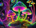 Magical neon mysterious mushrooms. Growing microorganisms. Fluorescent psicodelic - generated by ai Royalty Free Stock Photo