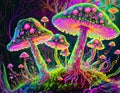 Magical neon mysterious mushrooms. Growing microorganisms. Fluorescent psicodelic - generated by ai Royalty Free Stock Photo