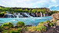 Magical nice captivating landscape with Hraunfossar and Barnafoss waterfalls near Reykholt, Iceland. Exotic countries. Amazing Royalty Free Stock Photo