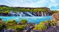 Magical nice captivating landscape with Hraunfossar and Barnafoss waterfalls near Reykholt, Iceland. Exotic countries. Amazing