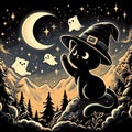 Magical Night With A Cute Witch Cat Calling Ghost Friends