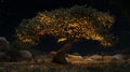 A Magical Night in the Desert Old Glowing Olive Tree Under Starry Sky, 3D Illustration Royalty Free Stock Photo