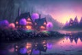 Magical night landscape, fairy houses on lake, fantasy background, purple tones