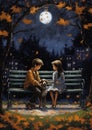 The Magical Night of Love and Devotion: A Cute Cartoon of Two Children and a Dog on a Park Bench Royalty Free Stock Photo