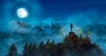 Magical night scene in nature. Mountain landscape with big moon in sky.