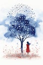 Magical Night Sky - Girl Gazing at Star-Shaped Tree Leaves in Watercolor Royalty Free Stock Photo
