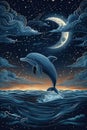 Magical Nighttime Dolphin Leap under Starry Sky with Crescent Moon