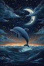 Magical Nighttime Dolphin Leap under Starry Sky with Crescent Moon Royalty Free Stock Photo
