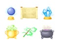 Magical Object and Witchcraft with Crystal Ball, Scroll, Magic Wand and Cauldron Vector Set