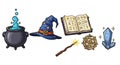 Magical objects illustration including a cauldron, spellbook and crystal gem Royalty Free Stock Photo